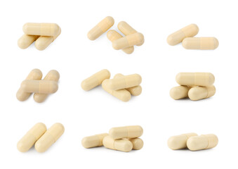 Collage of vitamin pills isolated on white