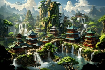 Ethereal floating island with waterfalls, creatures, and ancient temple under twilight sky - obrazy, fototapety, plakaty