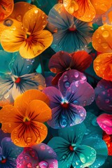 Artistically enhanced flowers with water drops - Digitally altered flowers with vivid colors and water droplets creating a surreal effect