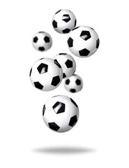 Many soccer balls falling on white background