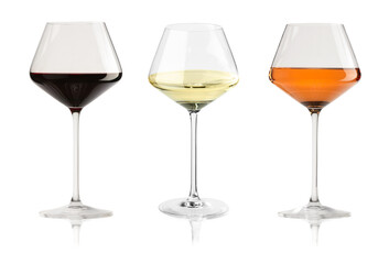 Tasty white, rose and red wines in glasses isolated on white