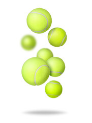 Many tennis balls falling on white background