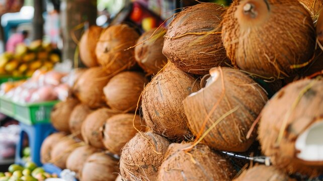Coconuts in abundance at a local market - This image captures a large quantity of coconuts on display at a local market, showcasing an array of textures