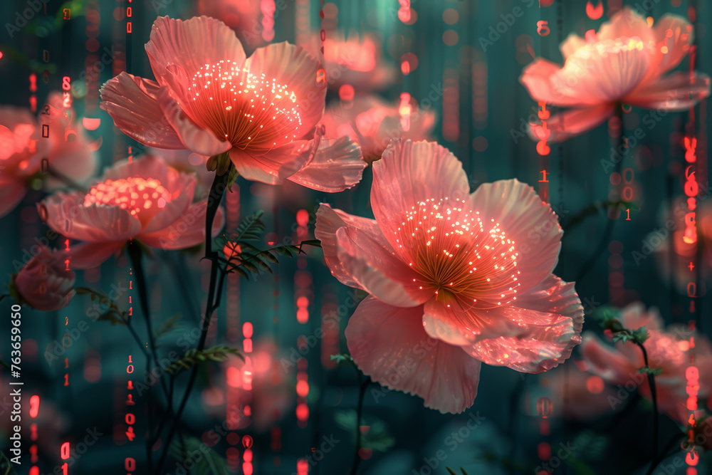 Poster binary code transforming into blooming flowers, illustrating the blossoming of ideas in the digital 