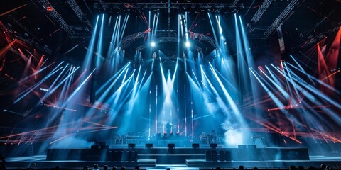 Dynamic light show at a concert stage - A spectacular light show on a concert stage with rays piercing through the smoke, producing a vivid visual experience