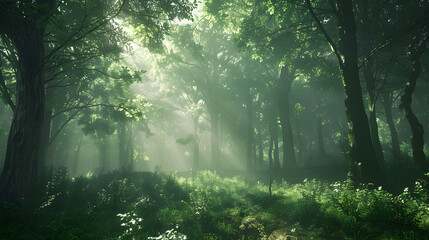 Sunlight Breaking through Foggy, Lush Green Forest: A Celebratory Depiction of Nature's Splendor