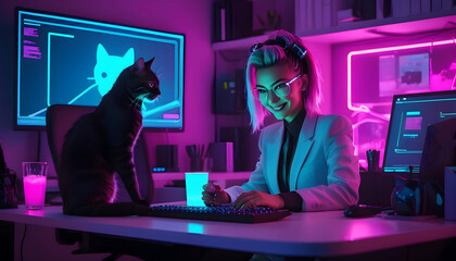 Smiling businesswoman work on the computer and having drink in home office with cat on desk 
