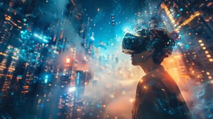 Man exploring cityscape in virtual reality - An image of a person immersed in a virtual cityscape visualization using VR technology - obrazy, fototapety, plakaty