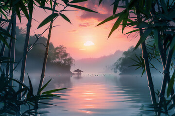 Calm river with Asian traditional house and bamboo trees frame at morning sunrise - obrazy, fototapety, plakaty