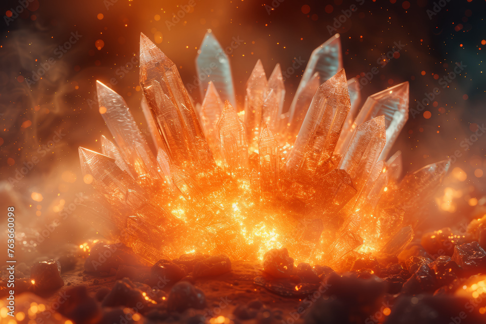 Poster an intense clash between blazing flames and crystalline shards, symbolizing the eternal struggle bet