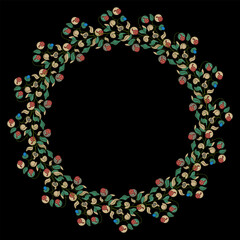 Round floral wreath. Botanical circular border with blooming branches. On black background.