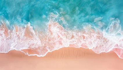 Rolgordijnen Overhead shot captures the soft foam of waves caressing a sunlit sandy coastline. © BackgroundWorld