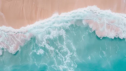 Gordijnen Overhead shot captures the soft foam of waves caressing a sunlit sandy coastline. © BackgroundWorld