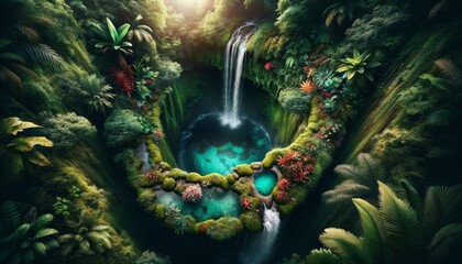 Secret Waterfall Grotto with Lush Greenery and Flowers, Digital Art for Adventure Stories and Hidden Paradise Themes