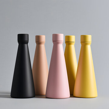 product photo of five tapered matte plastic water bottles.