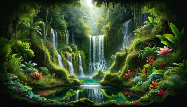 Dreamlike Jungle Waterfall Oasis with Reflective Pool and Flourishing Vegetation, Fantasy Art for Postcards and Relaxation Themes