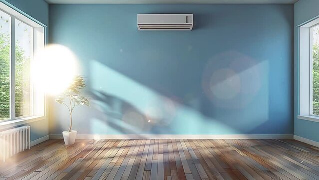 empty blue home interior with air conditioner and wooden floor. seamless looping overlay 4k virtual video animation background