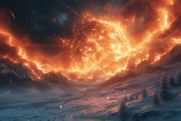 Fiery meteors crashing into an icy landscape, creating a celestial clash of opposing cosmic forces....