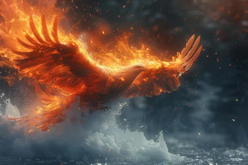 Foto op Canvas A blazing phoenix soaring through an arctic sky, embodying the harmonious fusion of fire and ice. Concept of mythical balance. Generative Ai. © Sebastian