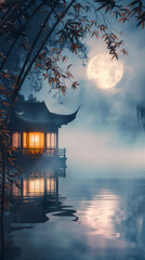 Scenic misty midnight with full moon on the calm river with Asian traditional house and bamboo trees