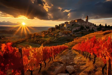 Tuinposter Artistic tuscan sunset casting warm glow over picturesque vineyards in a captivating vision © RECARTFRAME CH