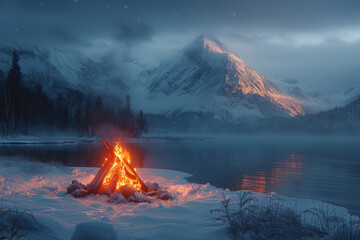 A blazing bonfire illuminating a snowy landscape, illustrating the interplay of warmth and chill in...