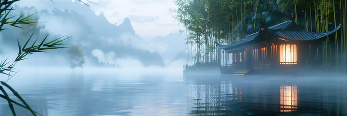Scenic Foggy morning on the calm lake with Asian traditional house