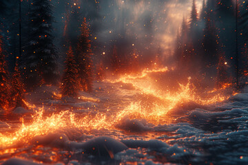 Liquid fire streaming through an arctic forest, illustrating the transformative and destructive power of opposing elements. Concept of elemental metamorphosis. Generative Ai. - obrazy, fototapety, plakaty