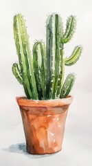 A watercolor painting featuring a vibrant green cactus in a pot against a colorful background. Cinco de Mayo theme.