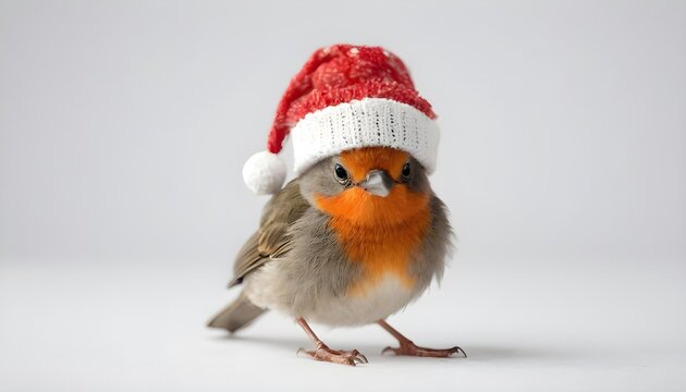 Little bird in a Christmas hat and scarf on a white background