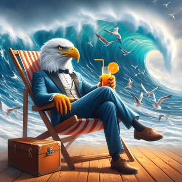 
An eagle lounges on a deck chair with orange juice. Background waves in the sea.