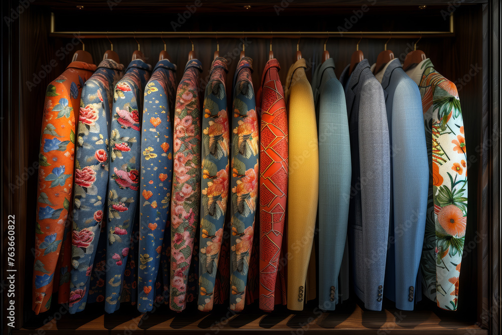Poster a monochromatic wardrobe turning into a spectrum of fabrics and patterns, expressing personal style 