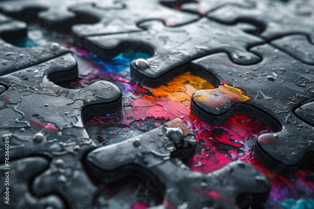 Poster a black and white puzzle revealing its colorful image as the pieces come together, symbolizing the c