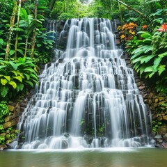 Lush Step Waterfall Surrounded by Tropical Flora in a Serene Jungle Setting, Ideal for Nature Backgrounds and Tranquil Environment Concepts