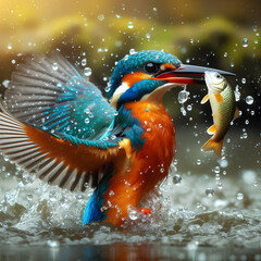 river kingfisher flying after emerging from water with caught fish prey in beak. River kingfisher. Water kingfisher. Alcedines. Common kingfisher. Little kingfisher. Halcyon. Alcedininae. Alced atthis - obrazy, fototapety, plakaty
