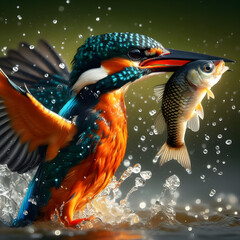 river kingfisher flying after emerging from water with caught fish prey in beak. River kingfisher. Water kingfisher. Alcedines. Common kingfisher. Little kingfisher. Halcyon. Alcedininae. Alced atthis