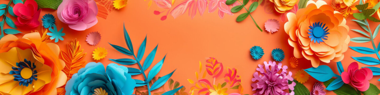 Festive paper flowers and decorations in bright colors to celebrate Cinco de Mayo. Banner. Copy space.