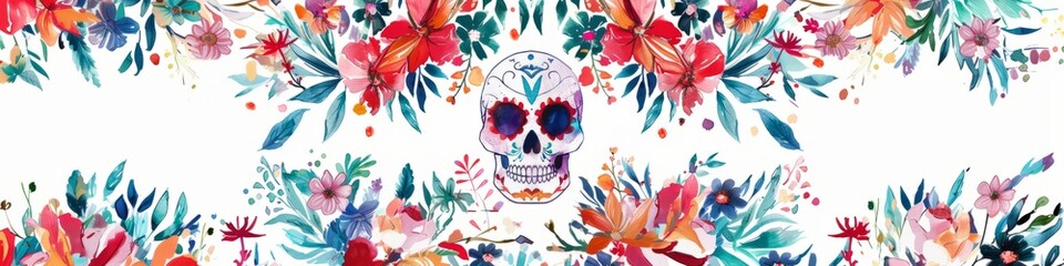 Watercolor painting featuring a stylized Mexican skull and flowers. Cinco de Mayo theme. Banner.