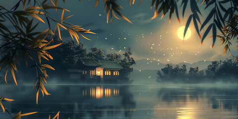 Scenic Night over the calm lake with Asian traditional house and bamboo trees frame