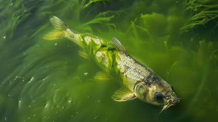 A closeup of a dead fish floating in a pond its body coated in a toxic green film from an algae bloom. - obrazy, fototapety, plakaty