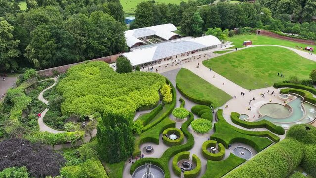 Aerial View of Alnwick Gardens, Northumberland, England UK, Magical Green Landscape, Drone Shot 60fps