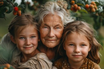 Grandmother with granddaughters smiling under a fruit tree in the garden