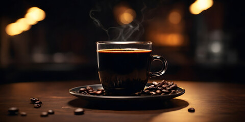 Obraz premium Steaming Cup of Coffee on Saucer with Coffee Beans at Night
