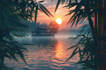 Sunset over the lake with Asian traditional house and bamboo trees