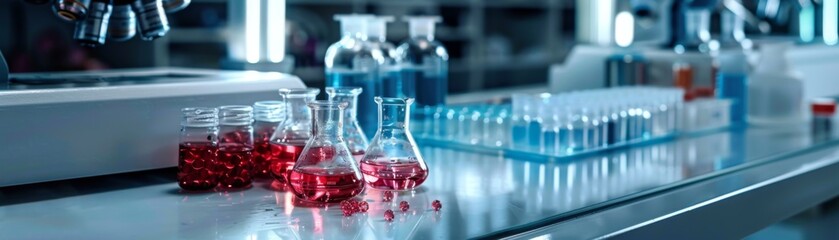 Modern laboratory with scientific glassware - Wide perspective of a modern laboratory with varied scientific glassware hinting at research and innovation