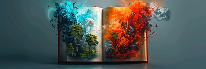 Open book with a nature and fire fantasy theme - An open book displaying a striking contrast between a peaceful green nature theme and fiery destructive side
