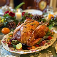 Fototapeta na wymiar Roast turkey on festive holiday table - Thanksgiving or Christmas theme with roasted turkey on a festively decorated table signifies warmth, family gathering