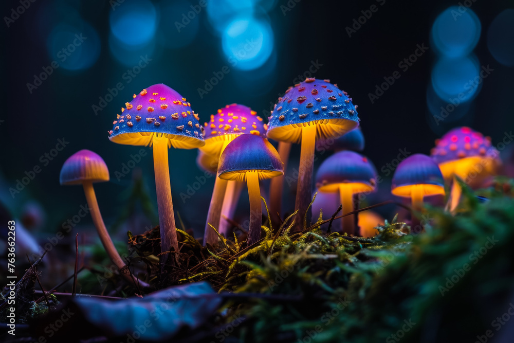 Poster magic mushrooms. background with selective focus and copy space