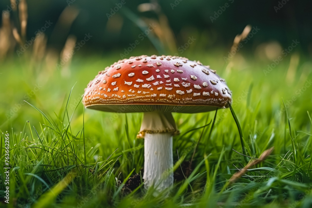 Poster fly agaric in the forest. background with selective focus and copy space
