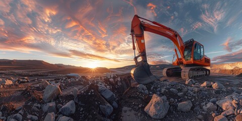 A large orange excavator is digging into a rocky field - obrazy, fototapety, plakaty